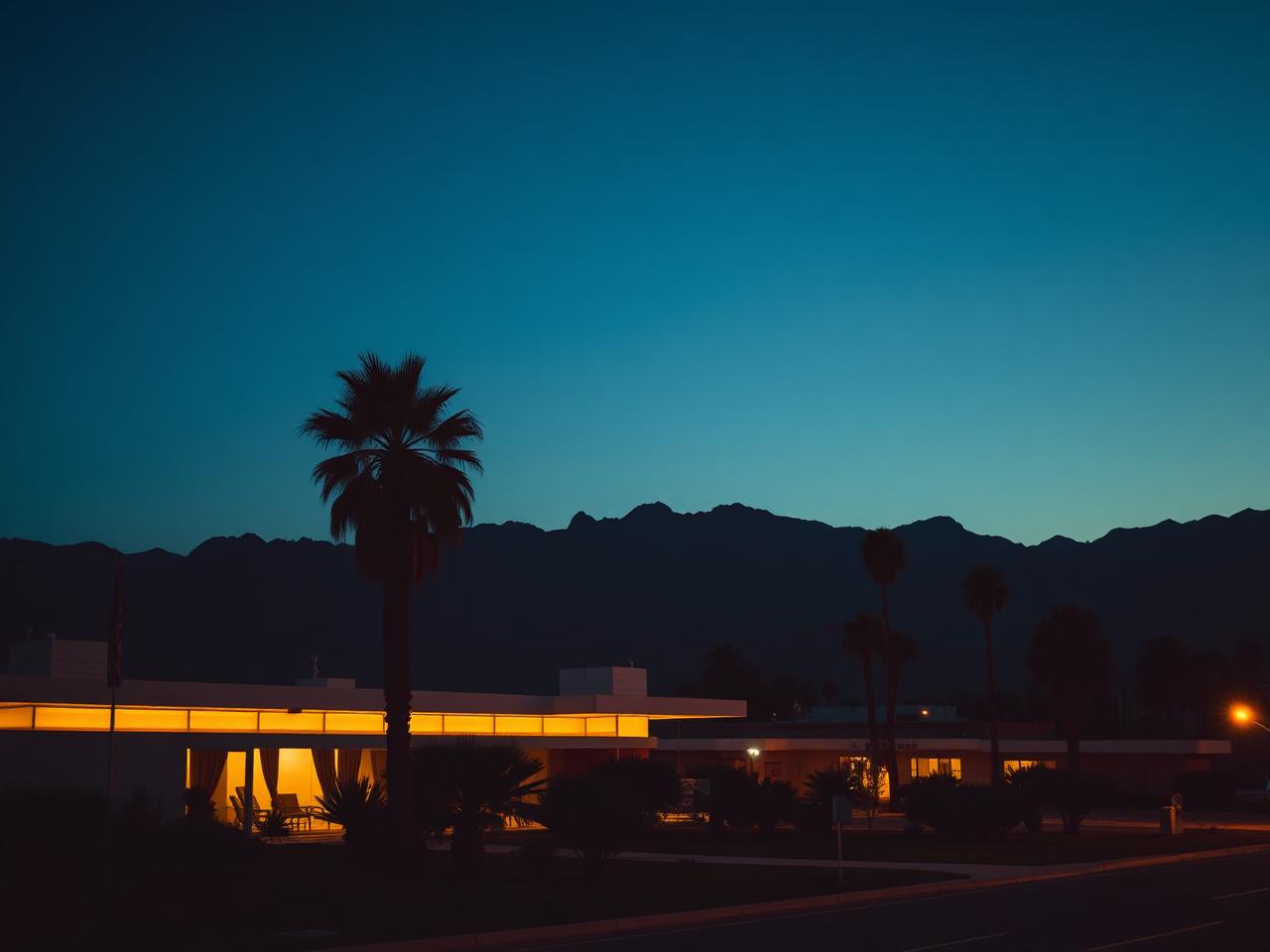 Palm Springs midcentury architecture and palms against the San Jacinto mountains at dusk