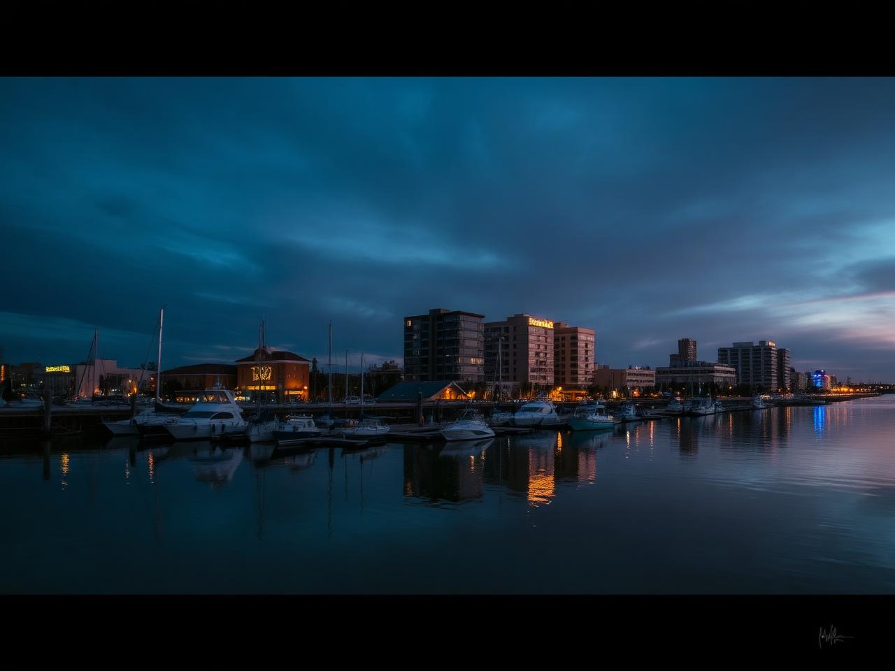 Stockton waterfront channel and downtown buildings reflected at dusk