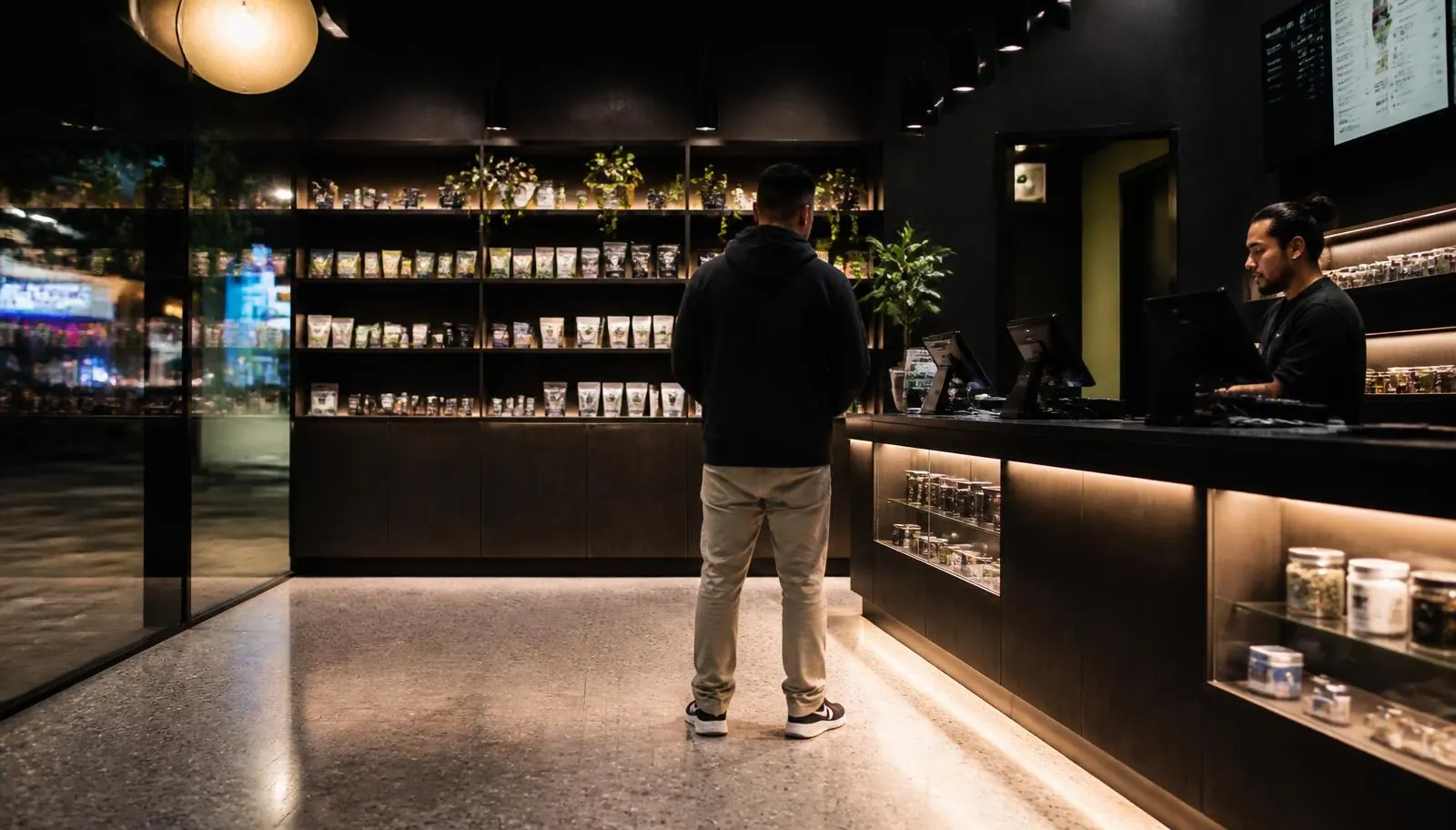 Modern licensed California cannabis dispensary interior with dark wood and backlit display casework
