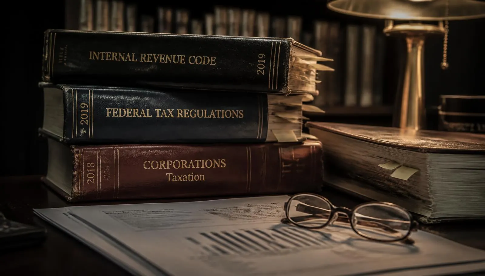 Bound accounting and tax reference volumes beside a printed financial report on a dark desk